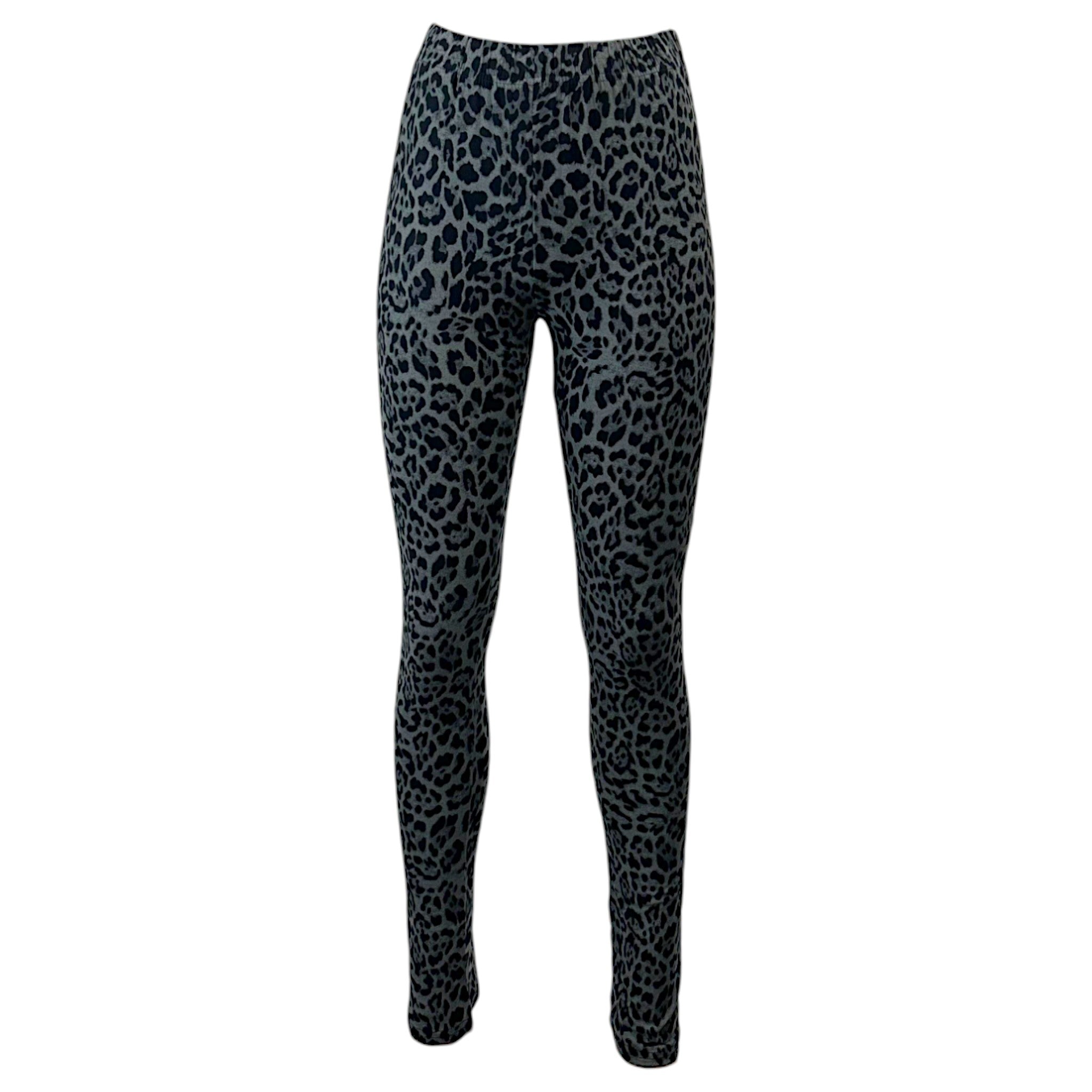 Women's grey leopard print leggings – stretchy full-length jeggings for casual everyday wear.